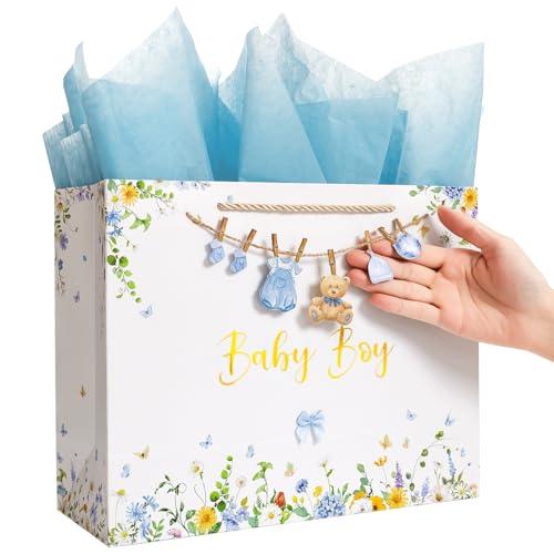 Crisky 13" Large Baby Boy Gift Bag with Tissue Paper, Gift Card and Bow for Baby Shower Boy's Kid's Birthday Party decoration (Features a Babysuit Banner and Blue Bow)