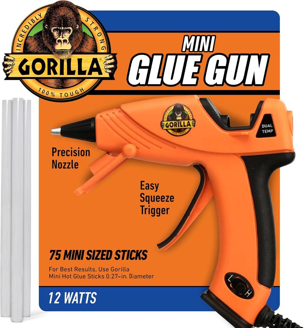 Gorilla Mini Hot Glue Gun Kit (Pack of 1 Mini Hot Glue Gun and 75 Sticks) - Dual Temp, Precision Nozzle, and Easy Squeeze Trigger