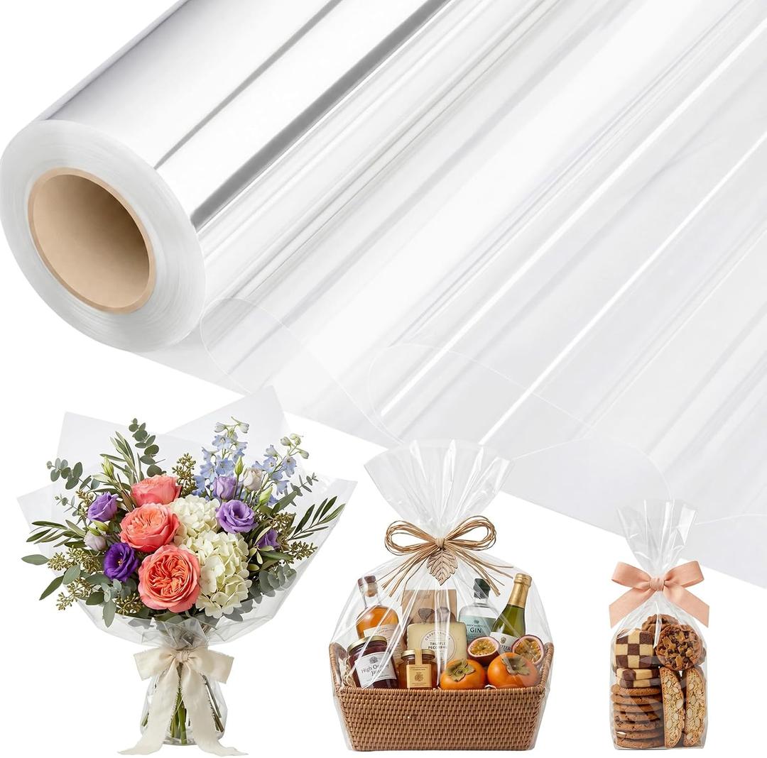 FunooFuno 40in x 150ft Clear Cellophane Wrap Extra Wide, Transparent Cellophane Paper Roll for Gift Basket, Cookies, Candy, Flower Bouquet, Soap Packaging