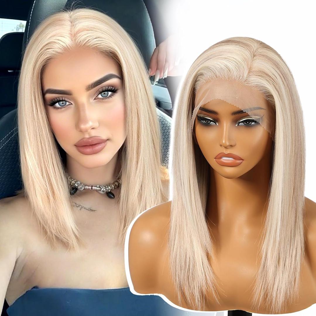 Blonde Synthetic Lace Front Wig, Shoulder Length 13x6 HD Lace Layered Straight Glueless Wigs for Women Daily Use 16IN
