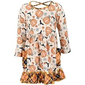 Unique Baby Girls Long Sleeve Ruffled Dresses for Toddlers and Kids 2 Years Halloween Bats and Pumpkins, (12 Months)