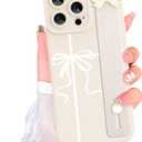 SOKAD Ribbon Bow Phone Case for iPhone 16 Pro Max with Wrist Strap Kickstand, Aesthetic Cute Bowknot Design with Wristband for Girls Women, Slim Soft Silicone Camera Protection Cover Case, White