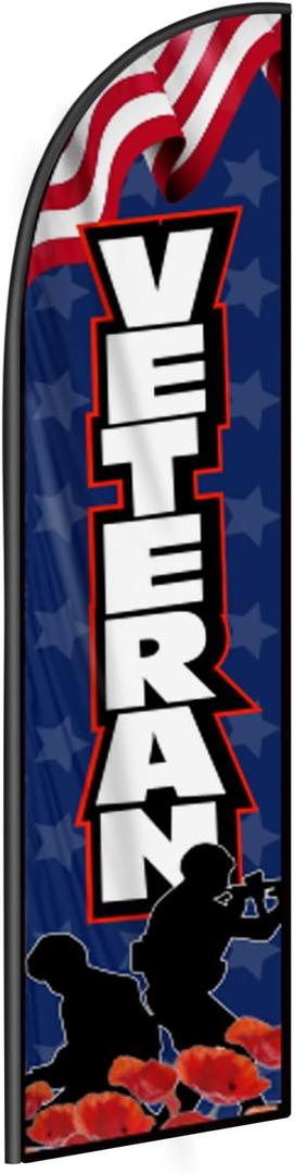 Veteran Feather Flag Banner - 11.5x2.5 Ft Veterans Day Swooper Flag for Outdoor Events -Thank You Veterans Patriotic Signs Windless Full Sleeve Banner for Outside Yard Decoration (Only Flag)