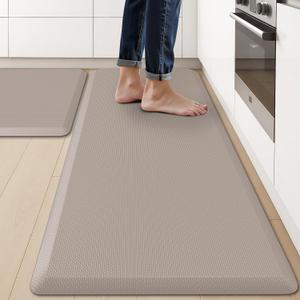 KitchenClouds 2PCS Kitchen Rugs Cushioned Anti-Fatigue Non-Slip Waterproof Kitchen Mat Comfort Foam Standing Mat for Floor Office Sink Laundry (Khaki) (17.3"x29"+17.3"x47")