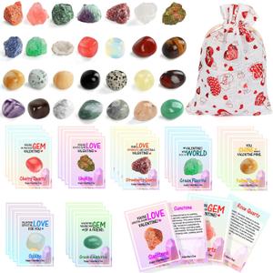 Valentine's Gifts for Kids: 28 Pack Cards with Natural Gemstone, Rock, Mineral Bulk for Classroom Party Favors
