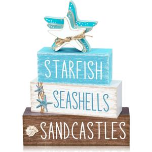 4 Pcs Beach Summer Table Decor Starfish Seashell Coastal Wooden Block Sign Ocean Tiered Tray Decor Farmhouse Table Centerpieces Rustic Nautical Decorations for Home Office Desk Shelf Mantel