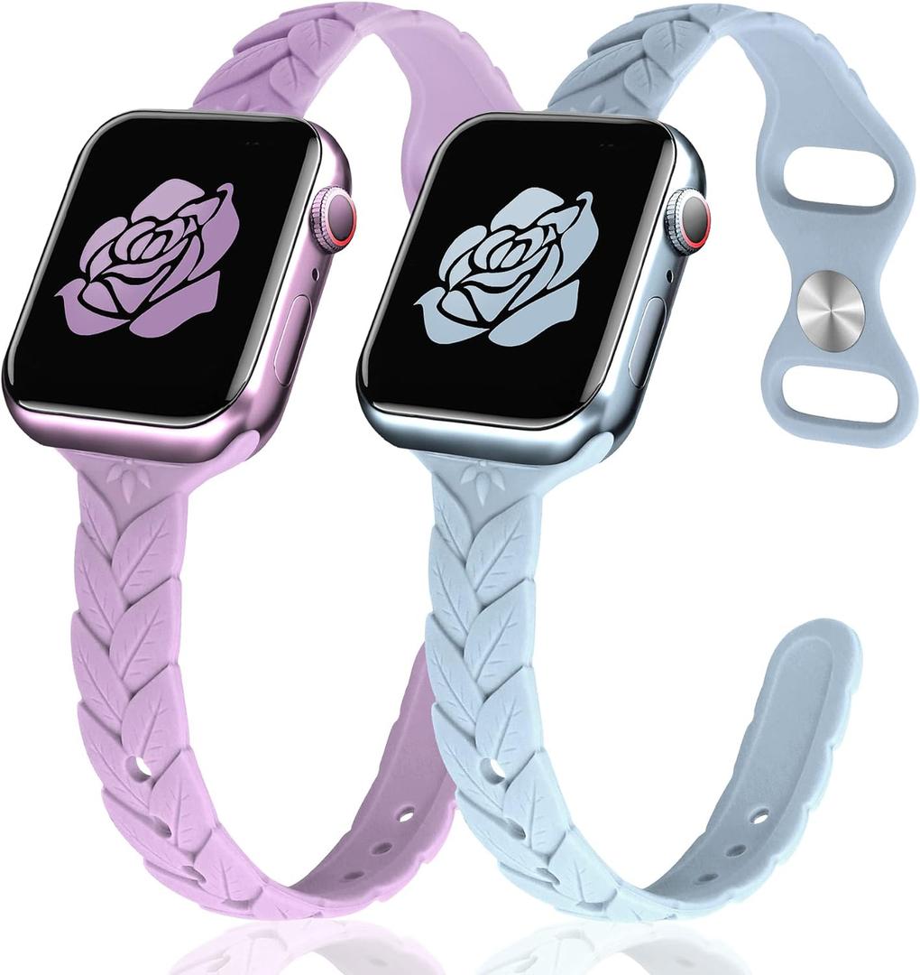 JR.DM 2 Pack Engraved Silicone-Bands Compatible with Apple Watch Band 38mm 40mm 41mm 42mm 44mm 45mm 46mm 49mm, Slim Feminine Fashion Leaf Waterproof Strap,For iWatch Series 10 9 8 7 6 5 4 3 2 1 Women (41/40/38/42mm(Series 10), A 2Pcs Lavender/Fog Blue)