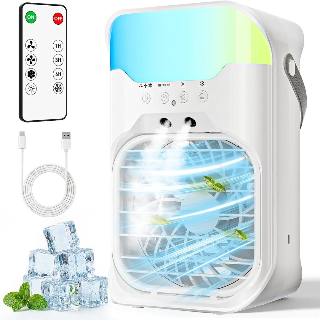Portable Air Conditioners,4-in-1 Air Conditioner,2.3-Second Cooling & 3 Fan Speeds,1600ML Water Tank With 2 Mist,10 Color Night Light,Remote Control,Portable AC for Room,Car,Bedroom,Office,Outdoor