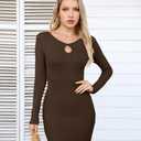 VICHYIE Women Dress Cutout Neck Bodycon Keyhole Ribbed Long Sleeve Tight Fall Mid Thigh Pencil Above Knee Mini Dresses Coffee L (Brown, L)