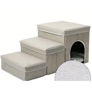 Dog Stairs for High Beds, Folding Pet Steps for Small Dogs and Cats with Storage and Condo, Non-Slip Dog Steps for Couch and Bed up to 22 inches(3 Steps, Beige)