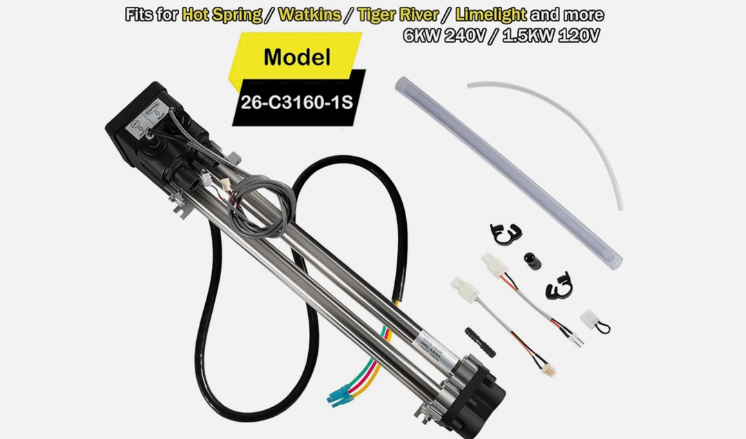 26-C3160-1S Double-Barrel Low-Flow Titanium Heater with Sensors 6.0KW For Watkins/Hot Spring/Tiger River/Limelight Hot Tub Spa No-Fault Heater, 1.5/6.0KW 120/240 Volt, Replace 26-C3160-1S, 73790
