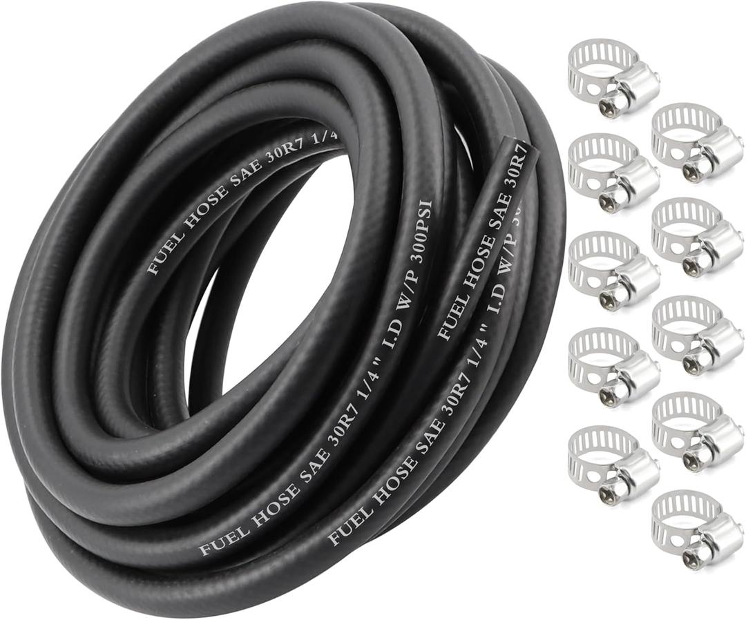 1/4 Inch 25Ft Fuel Line Hose Push Lock NBR Rubber SAE 30R7 300PSI with 10Pcs Clamps Used in Automobile Engines Fuel Systems