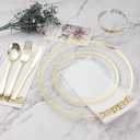 BESTVIP 700PCS Clear Gold Disposable Dinnerware Set for 100 Guests, Plastic Plates for Party, Wedding, Christmas, Include: 200 Plastic Plates, 100 Gold Silverware, 100 Cups, 100 Napkins
