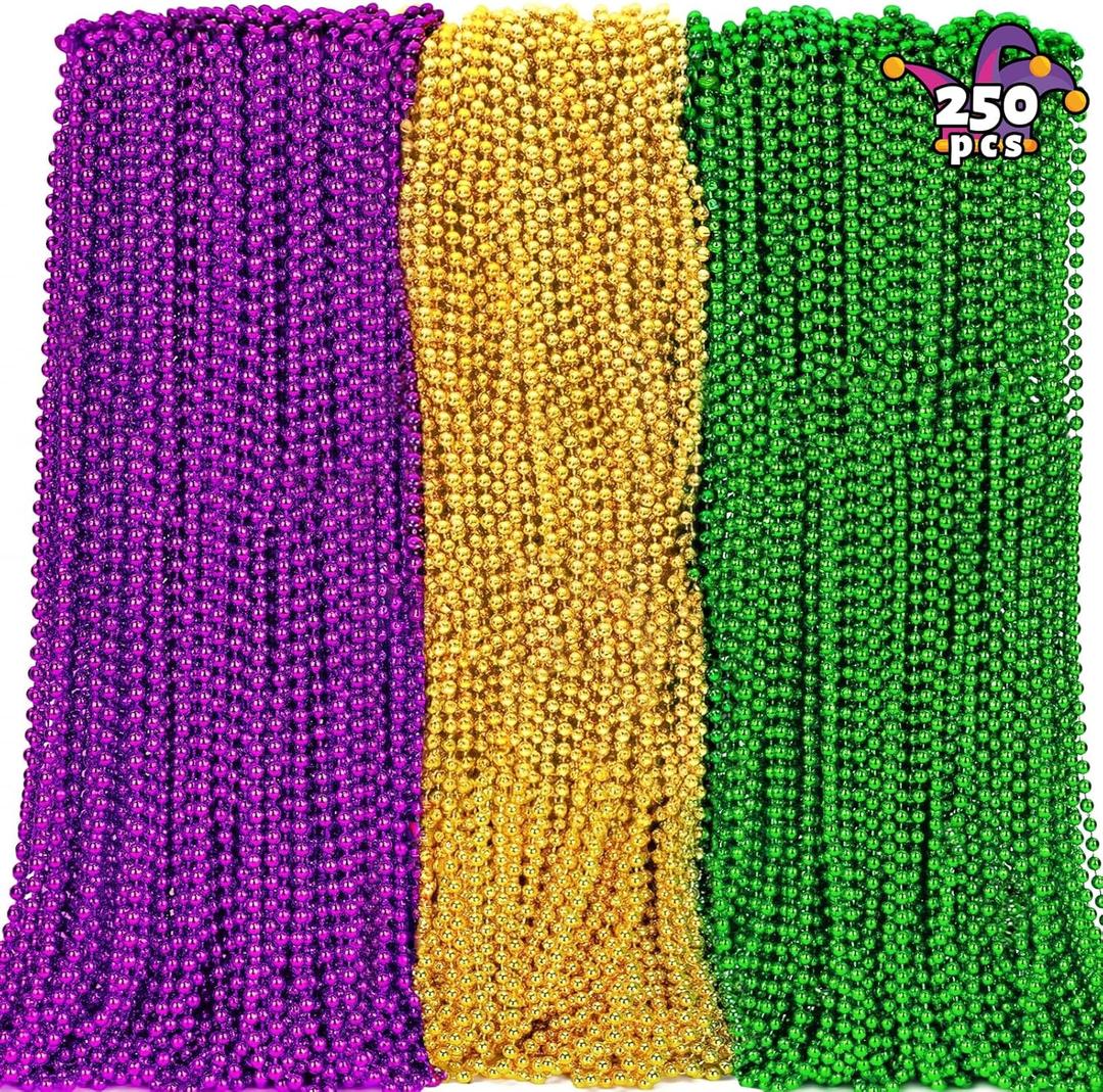 Camlinbo Mardi Gras Beads, 33" Bead Necklace, Green Purple Gold Metallic Mardi Gras Beads Accessories Bulk for Carnival Parade Throws Party Decorations Supplies Favors