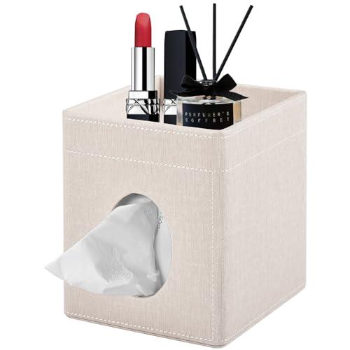 XNONE Tissue Box Cover with Storage Tray Square Tissue Box Holder PU Leather Facial Tissues Organizer Tray for Bathroom Vanity Bedroom Office Car,Stylish Napkin Caddy Decorative Organizer,Beige