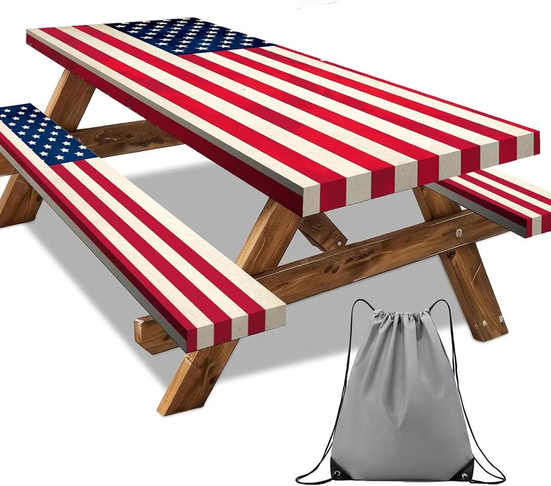 6FT Vintage American Flag Picnic Table Cover Patriotic Picnic Table Cover with Bench Covers Fourth of July Decorations Outdoor Patriotic Waterproof Rectangle Tablecloths for 4th of July, Memorial Day