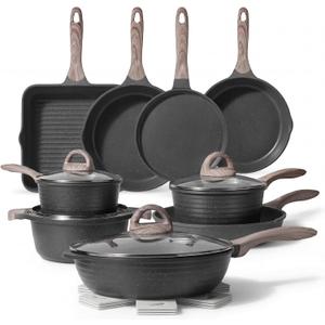 JEETEE Pots and Pans Set Non Stick 23pcs, Healthy Kitchen Cookware Sets, Induction Cooking Set W/Gray Frying Pans, Saucepans, Saut & Griddle & Crepe Pan (PFOA, PFAS Free)