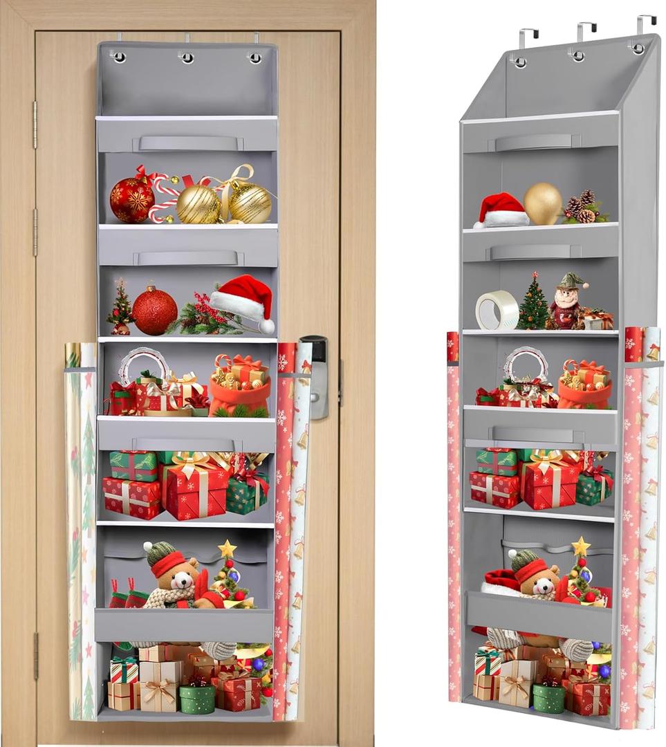Wrapping Paper Organizer Storage - Over Door Gift Organizer with 3 Removable Drawers & 2 Side Pockets, Christmas Wrap Storage with Multiple PVC Clear Pockets for Rolls, Ribbons, Ornament, Bows
