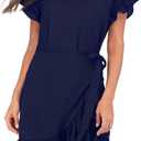 Womens Long Sleeve Round Neck Ruffles Wrap Dresses Party Dress (Blue)