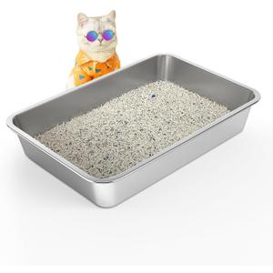 Stainless Steel Cat Litter Box, 4in Shallow Litter Box for Senior Cats and Kittens, Large Metal Litter Pan Nonstick Odor Control Anti-Corrosion