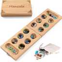 Ceebyfa Mancala Board Game for Kids, Adults & Family. Includes Folding Rubber Wood Board, 48+10 Mancala Stones & Instruction. Classic & Portable Marble Game for Travel.(Natural Color)