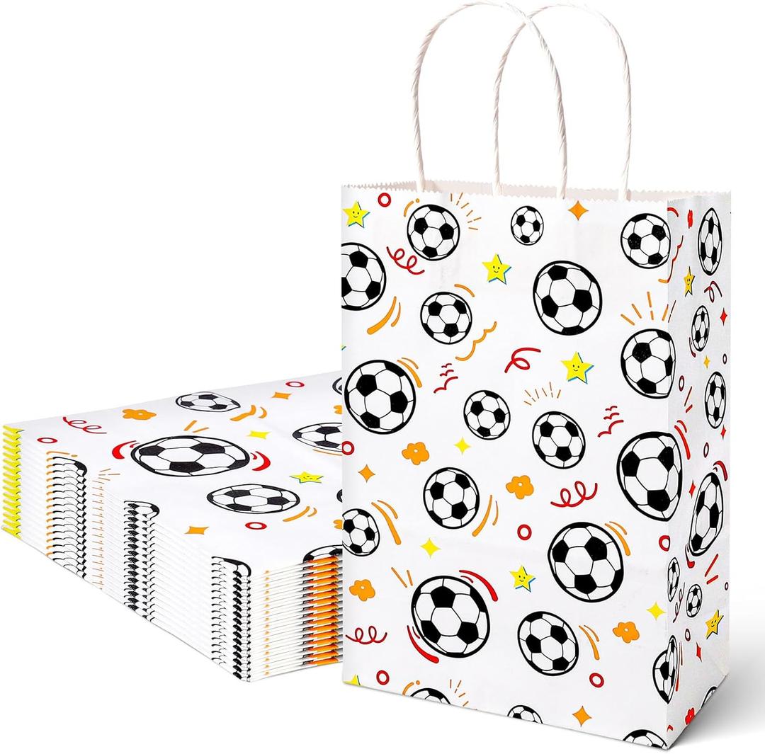 VGOODALL 16 Pack Soccer Goodie Bags, 5.5"x2.8"x8" Party Favor Bags with Handles for Kids Birthdays, Sports Theme Decorations, Gift Giving Bulk Supplies (White and Black)