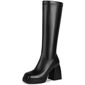 DOBOYG Knee High Boots Women Platform Chunky Block Heel Stretchy Square Toe Tall Patent Leather Long Boots, Size 40