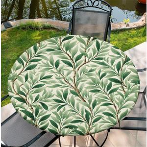 Round Fitted Tablecloth with Elastic Edge, Waterproof Stain Resistant Fabric Table Cover for 37"-44" Round Table, Indoor Outdoor Dining, Kitchen Decor, Camping, Holiday, Party, Olive Leaves