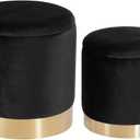 Round Velvet Nesting Ottomans with Spacious Storage set of 2, Upholstered Pouf Footrest with Gold Metal Hoop Accent, Multifunctional Side Table,Vanity Stool for Living Room,Bedroom and Dorm (Black)