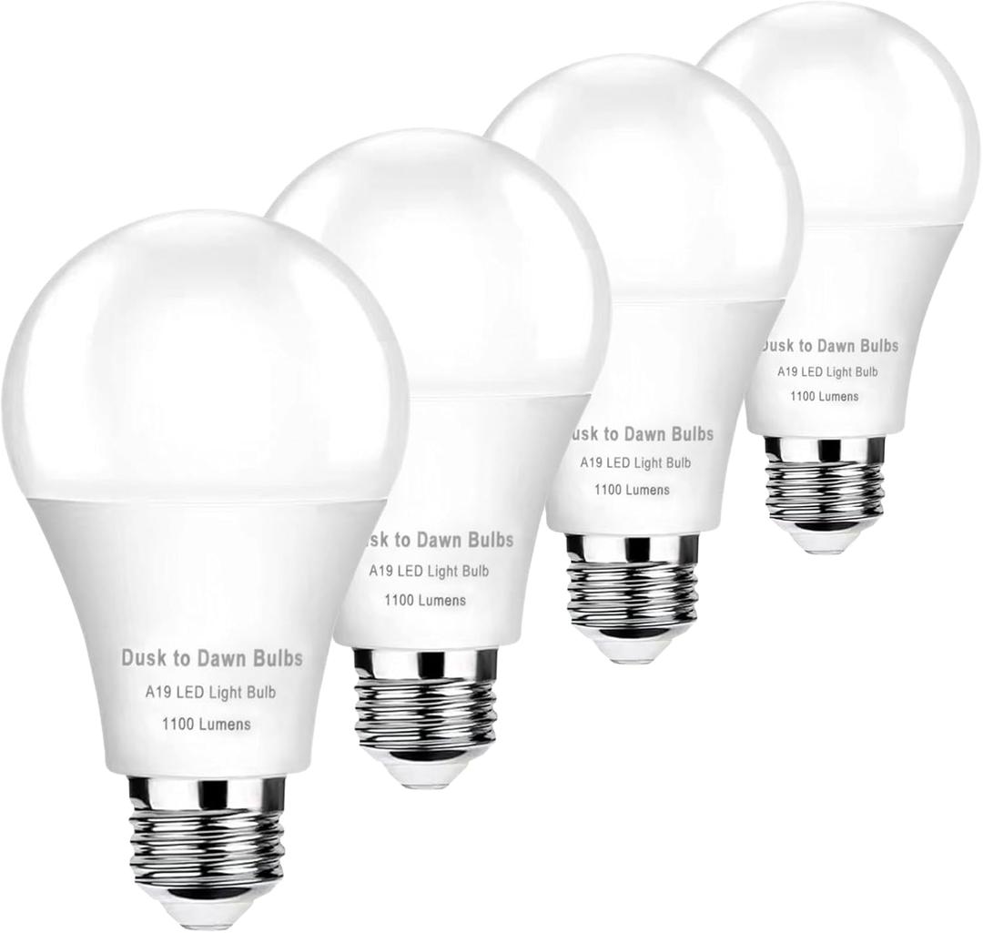 4-Pack Dusk to Dawn Light Bulbs Outdoor 75 Watt Equivalent, Automatic On/Off Sensor LED Bulb, 10W Daylight 5000K,1100 Lumen, A19 E26 Bulbs Photocell for Wall lamp Porch Garage Yard Light(Non-dimmable)
