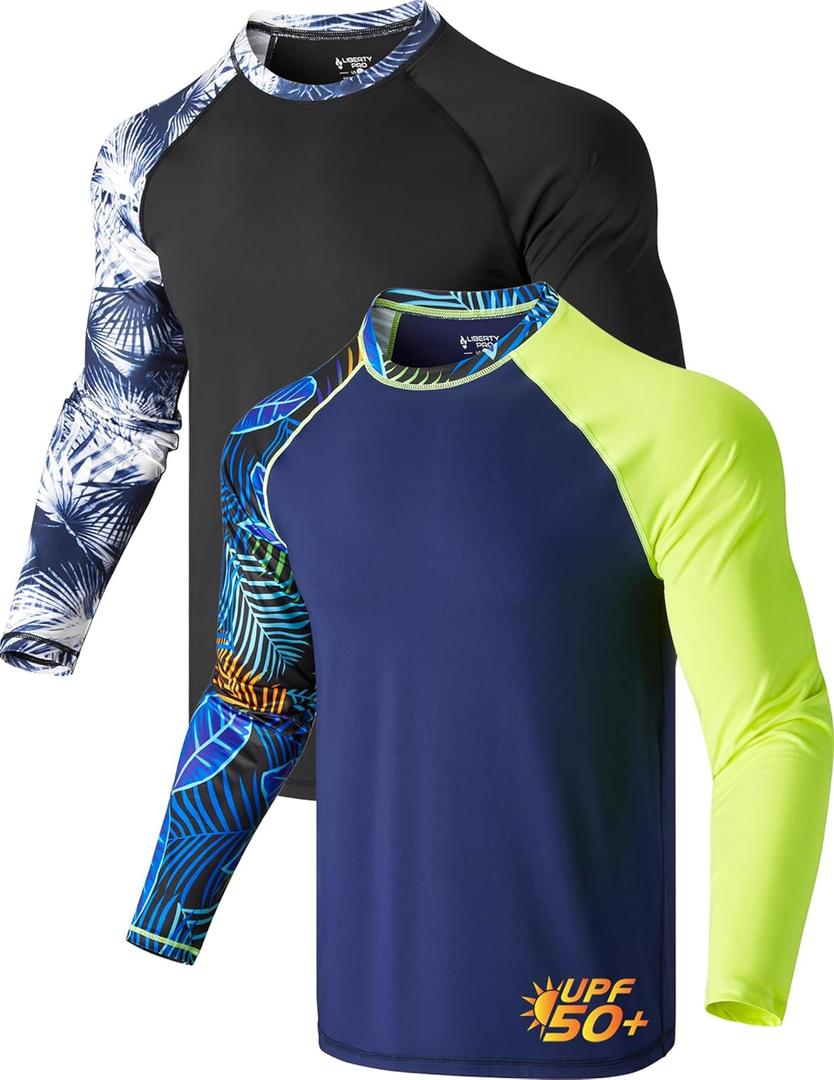 2 Pack Mens Rash Guard Long Sleeve Swim Shirts UPF 50+ Sun Protection Quick Dry Lightweight UV Fishing Surf Shirt (XL)