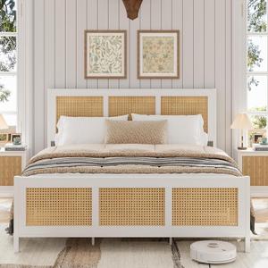 GarveeHome Full Size Bed Frame with Headboard, Boho Rattan Bed Frame with Strong Metal Slat, Noise Free, No Box Spring Needed, White and Natural
