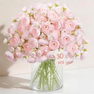 Alupssuc 30Pcs Ranunculus Artificial Flowers Faux Silk Mini Ranunculus, Spring Flowers Artificial Indoor for DIY Bouquets, Bulk Fake Wedding Filler Flowers for Bride Shower Decorations, Shabby Blush