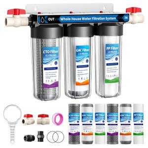 3-Stage Whole House Water Filter System with 9 Filters, 0.5 Micron | Reduce Chlorine,Sediment,Odors for Cleaner Drinking,Cooking,Bath,Easy Filter Changes,Includes 1.5-2 Yrs of Filters,3/4" Ports