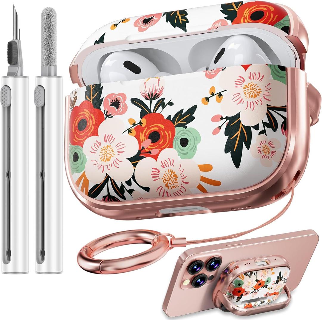 Inesore for AirPods Pro 2nd Generation Case Cover with Lock, Flowers Cute Air Pods Pro 2 Case Hard iPod Pro Cases for Women Girls with Cleaner Kit (2023 USB-C /2022/2019) -Black Gold Flower (B5-White Peony)