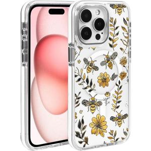 for iPhone 15 Pro Max Compatible with MagSafe Case, Clear with Vintage Yellow Bee Floral Pattern Shockproof Glossy Magnetic Protective Phone Case for iPhone 15 Pro Max