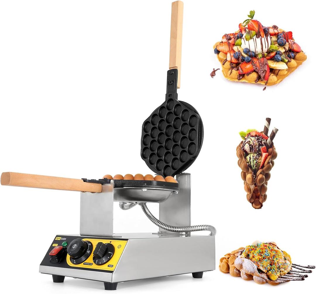 Dyna-Living Bubble Waffle Maker Commercial Bubble Waffle Iron 1400W Electric Stainless Steel Waffle Maker Hong Kong, Egg Puff Waffle Iron Machine Restaurant, 180 Rotating, Non-stick Coating (Style2)