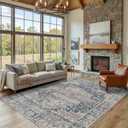 5x7 Area Rugs for Living Room Bedroom, Blue Washable Rug, Vintage Retro Boho Rug, Non Slip & Low Pile Faux Wool Thin Carpet for Indoor Dining Room and Kids Room(Blue 5x7ft)