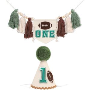First Year Down Birthday Decorations for Football - One High Chair Banner and Hat set,Football 1st Birthday Party Hat,One Year Down Cake Smash Photo Backdrop,Sports Party Tassel for Baby Shower