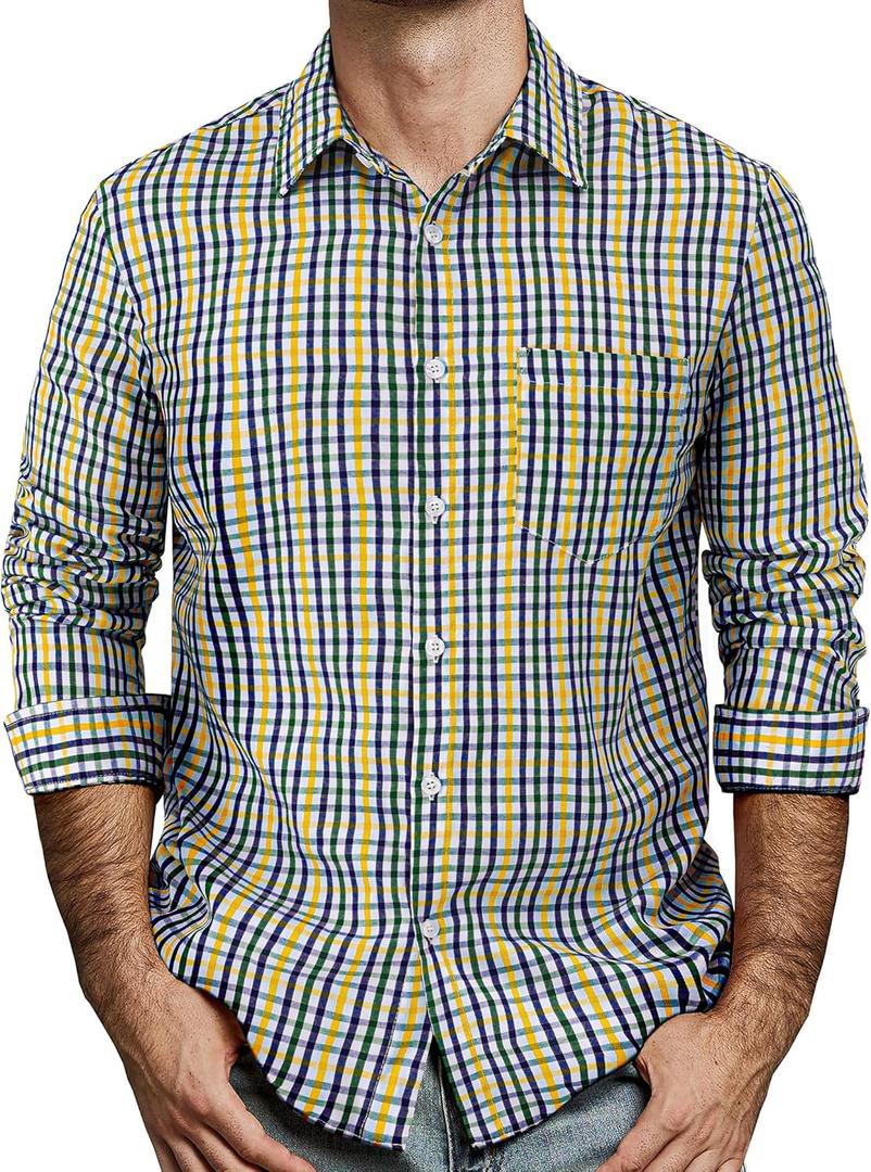 Mens Gingham Button Down Shirt Long Sleeve Dress Shirts Business Casual Shirts with Pockets (Large, Yellowwhite)