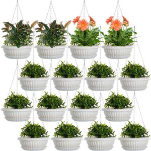 Yaomiao 16 Pcs Large Hanging Planters Hanging Pots for Plants Plastic Plant Basket Flower Pots Indoor with Saucer, Drainage Holes and Chain for Garden Porch Home Decor(White)