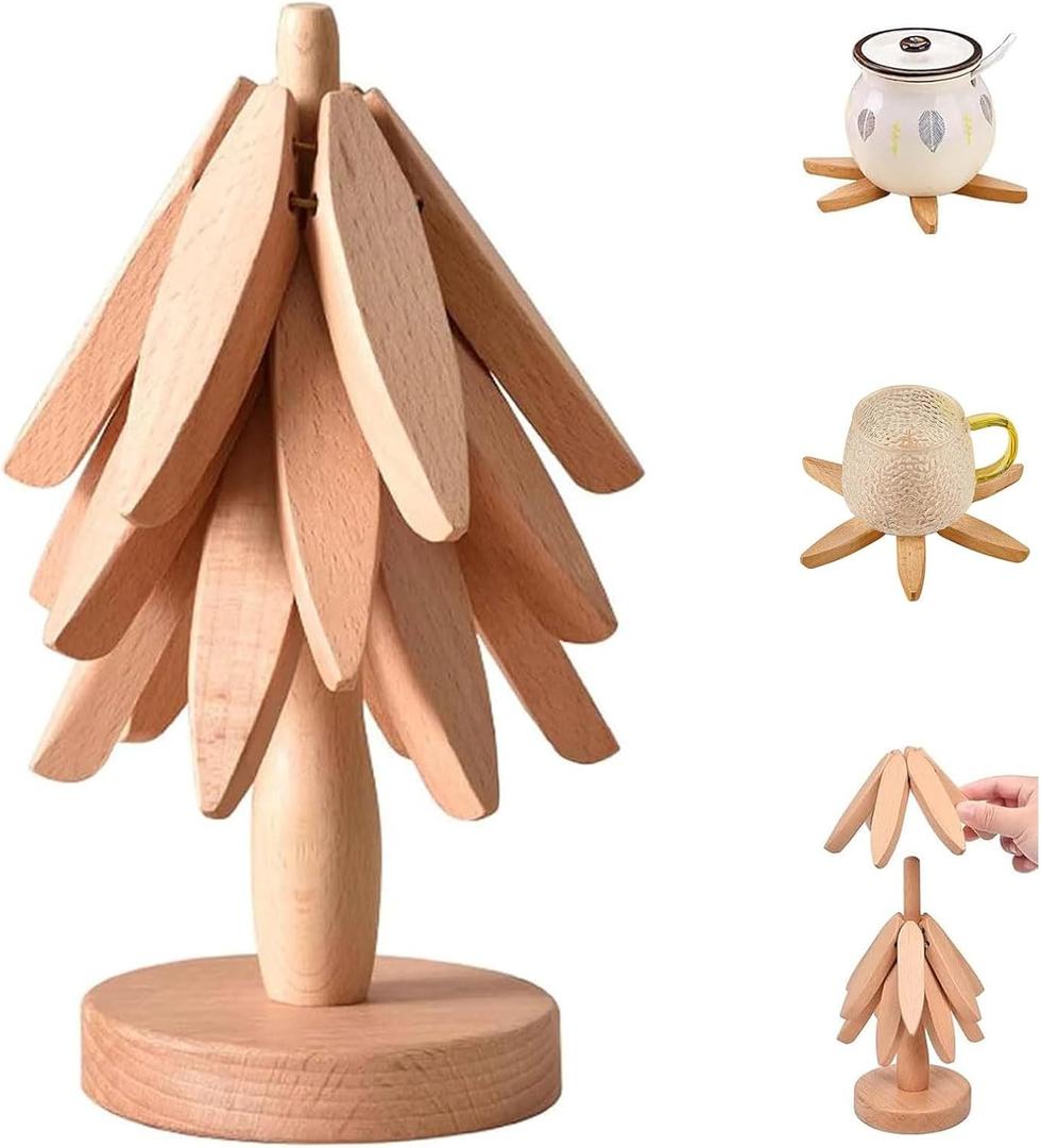 Premium Wooden Trivets Set of 3 - Auto Unfold Tree Design Hot Pot Holders & Countertop Protectors | Walnut Wood (Beech)