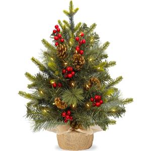 2ft Mini Small Christmas Tree with Lights Timer, Artificial Tabletop Christmas Tree with 30 LED Lights/59 PE&PVC Tips/Berries&Pinecones, 24 Inch Xmas Tree with Burlap Base for Holiday Indoor Decor