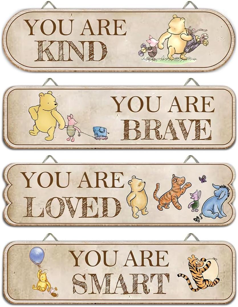 Hatzelou 4PCS Classic Winnie Baby Room Decor, Pooh Nursery Decor, the Pooh Wall Decor Sign Gifts, You Are Kind Brave Inspirational Quotes, Adorable Winnie Sign for Home Bedroom Nursery