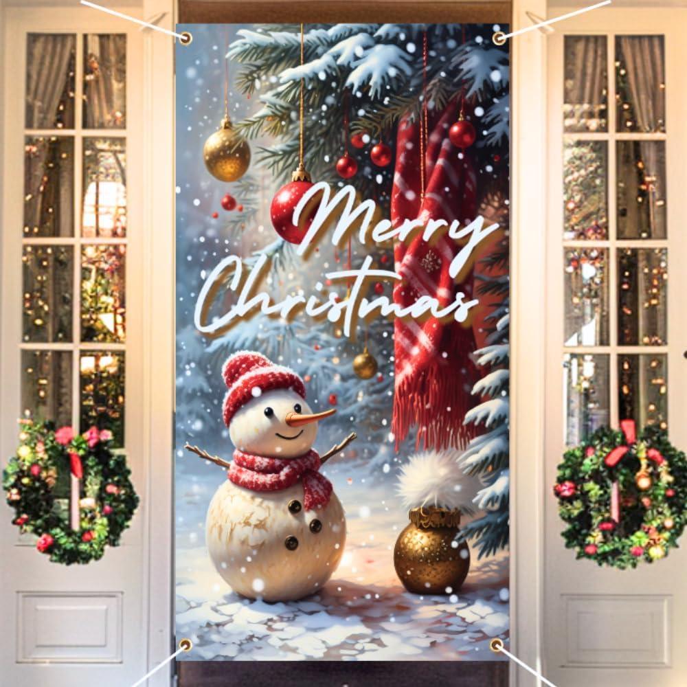 2 x Jabrand Christmas Door Cover Merry Christmas Door Cover Snowman Decoration Xmas Decoration, 6 x 3 Feet, Winter Holiday Front Door Indoor Background Banner Party Decor Supplies (Multicolor)
