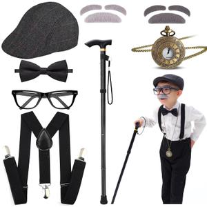 Kids 100 Days of School Costume for Boys - Halloween Old Man Costume Hat Glasses and Grandpa Vest Set for Child (Free size, Black-cap-watch)