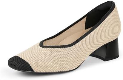 Arromic Women's Pumps Closed Toe Chunky Block Square Toe Low Heels Work Shoes Casual Daily Wear, Nude/Black, 9.5 