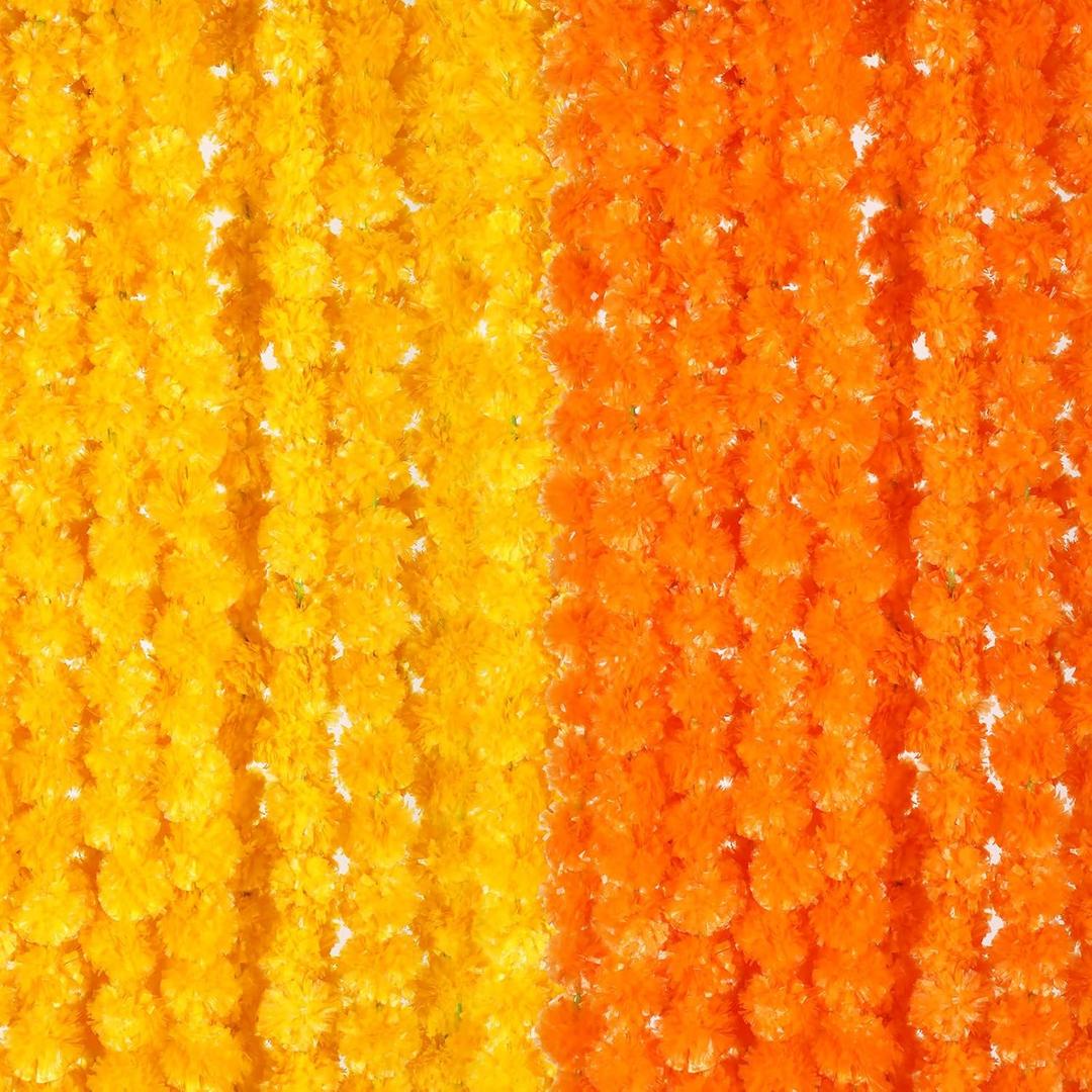 Giegxin 15 Pack Marigold Garland for Decoration 5 ft Long Strands Faux Artificial Marigold Flowers for Dia De Los Muertos Diwali Indian Wedding Party Decorations(Yellow,Orange)