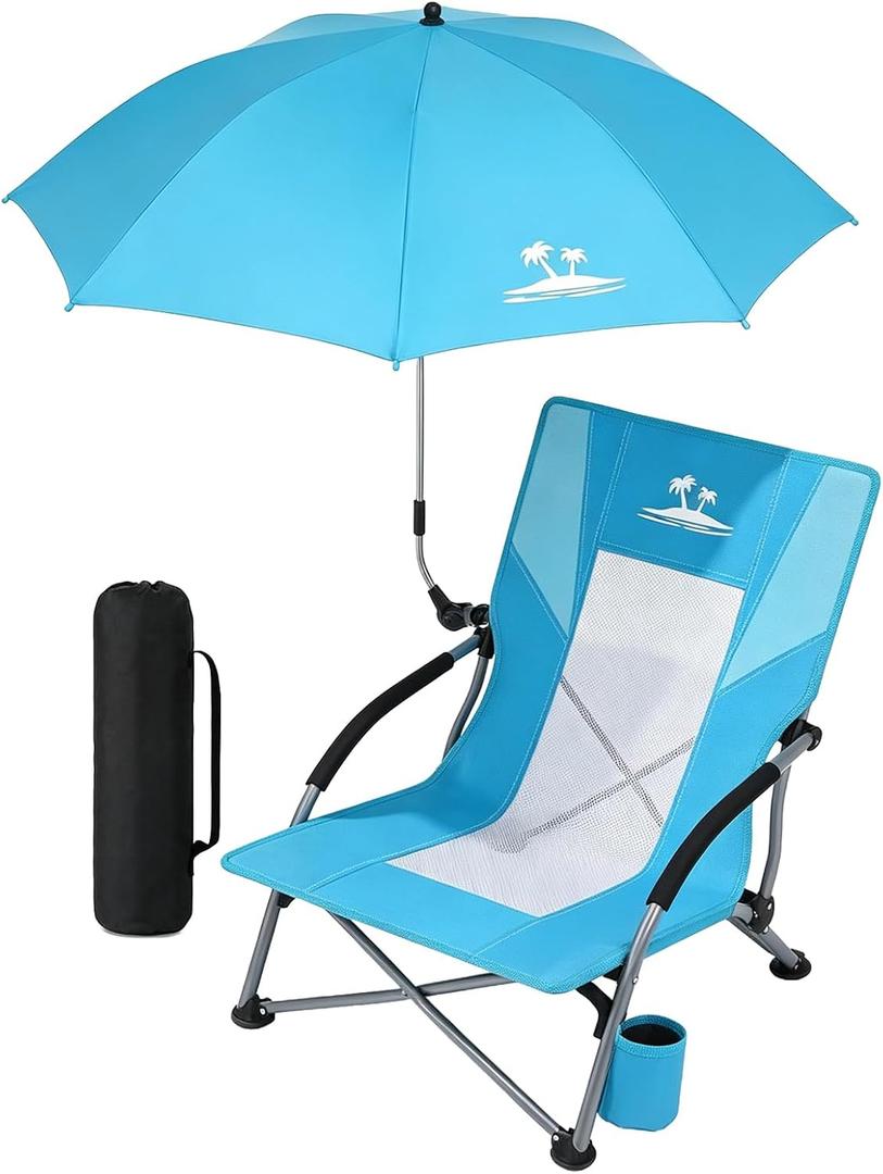 Folding Beach Chair with Umbrella, Low Profile Portable Sand Chair for Adults, Breathable Mesh Beach Seat with Cup Holder, Heavy Duty Lightweight Camping Chair, Ocean Blue with Light Blue, 1pc
