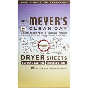 MRS. MEYER'S CLEAN DAY Dryer Sheets, Fabric Softener, Reduces Static, Infused with Essential Oils, Compassion Flower, 80 Count